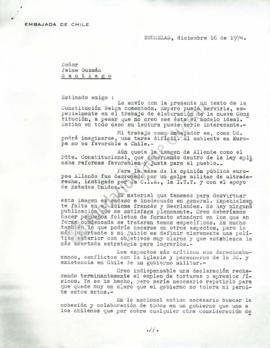 Carta de embajador de Chile en Bélgica a Jaime Guzmán