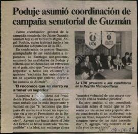 Prensa en La Tercera. Poduje asumió coordinación de campaña senatorial de Guzmán