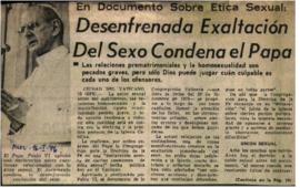 EN DOCUMENTO SOBRE ETICA SEXUAL: DESENFRENADA EXALTACION DEL SEXO CONDENA EL PAPA