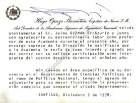 Tarjeta de agradecimiento a Jaime Guzmán por trabajo docente en la Academia Superior de Seguridad...