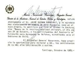 Tarjeta de agradecimiento a Jaime Guzmán por charla "Bases de la institucionalidad chilena&q...