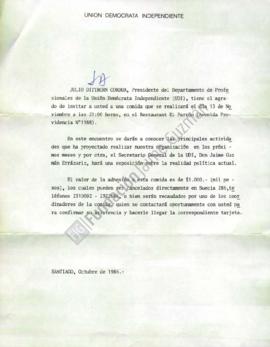Carta de invitación a Jaime Guzmán a almuerzo del departamento de profesionales UDI