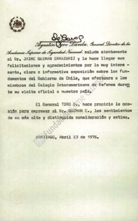 Carta en agradecimiento por exposición de fundamentos del Gobierno a Jaime Guzmán