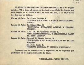 Tarjeta de invitación a ciclo de charla en Región de Valparaíso con exposición de Jaime Guzmán ti...
