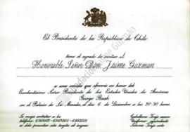 Invitación a Jaime Guzmán a comida en honor del presidente de Estados Unidos George Bush