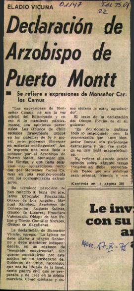 Prensa en El Mercurio. Eladio Vicuña: Declaración de arzobispo de Puerto Montt