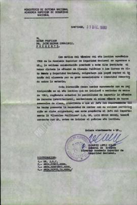 Carta de agradecimiento a Jaime Guzmán por año académico de la Academia Superior de Seguridad Nac...