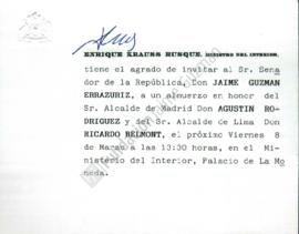Tarjeta de invitación a Jaime Guzmán a almuerzo en honor del alcalde de Madrid Agustín Rodríguez ...