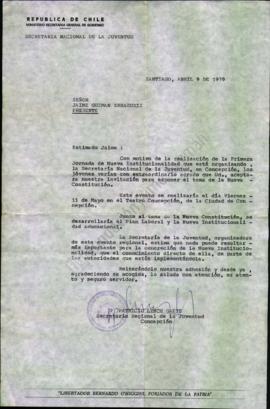 Carta de invitación a Jaime Guzmán a exponer en jornadas de la Secretaría Nacional de la Juventud