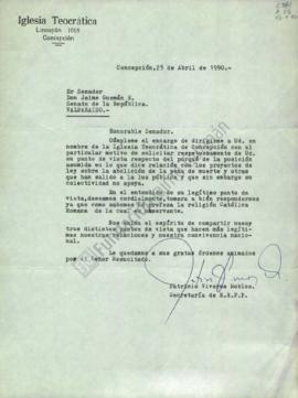 Carta a Jaime Guzmán solicitando punto de vista respecto a posición sobre la pena de muerte