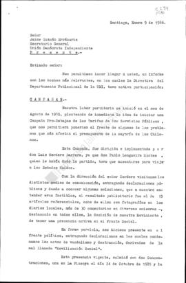 Carta a Jaime Guzmán del Departamento Poblacional con Informe
