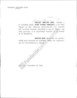 Carta a Jaime Guzmán con felicitaciones por triunfo electoral