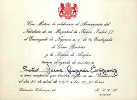 Tarjeta de invitación a Jaime Guzmán a recepción por motivo de cumpleaños de la reina Isabel II d...