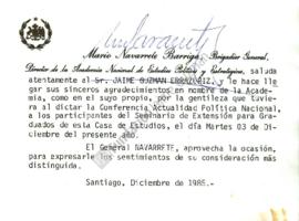Tarjeta de agradecimiento a Jaime Guzmán por charla "Actualidad política nacional" en S...