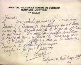 Tarjeta de invitación a Jaime Guzmán a exponer en seminario de la Secretaría de la Mujer en Valpa...