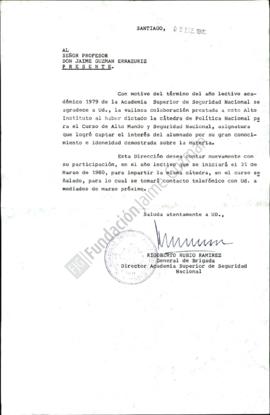 Carta de agradecimiento a Jaime Guzmán por año académico de la Academia Superior de Seguridad Nac...