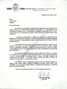 Carta de invitación a Jaime Guzmán y la UDI en seminario perspectivas de consolidación democrátic...