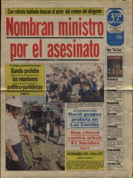 Prensa La Tercera. Portada Nombran Ministro por el Asesinato