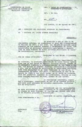 Carta de invitación a Jaime Guzmán a exponer en ciclo de charlas de Instituto Superior de Carabin...
