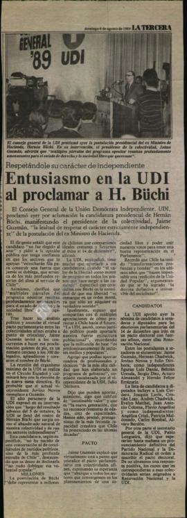 Prensa en La Tercera. Entusiasmo en la UDI al proclamar a H. Büchi