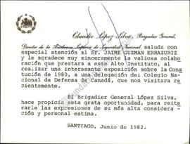 Tarjeta de agradecimiento a Jaime Guzmán por charla sobre la Constitución de 1980 en la Academia ...