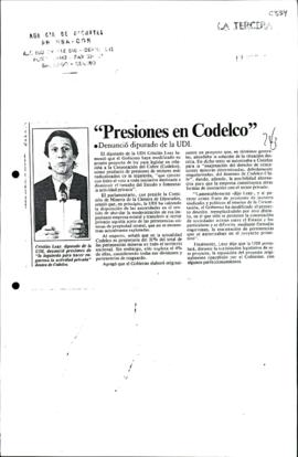 Prensa en La Tercera. "Presiones en Codelco" denunció diputado de la UDI
