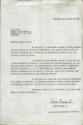 Carta a Miguel Ángel Solar invitándolo a sesión del Centro de Derecho que trataba divergencias re...