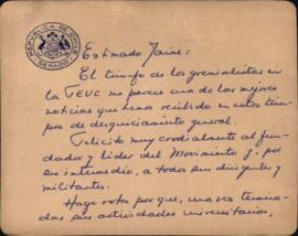 Carta a Jaime Guzmán por triunfo gremialista