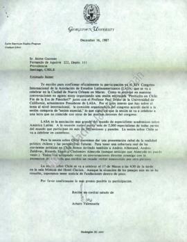 Carta de confirmación a Jaime Guzmán para participar en XIV Congreso Internacional de la Asociaci...