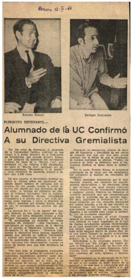 Prensa en El Mercurio. Plebiscito estudiantil: alumnado de la UC confirmó a su directiva gremialista