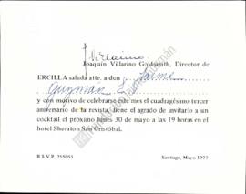 tarjeta de invitación a Jaime Guzmán a cocktail por aniversario de revista Ercilla