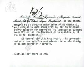 Tarjeta de agradecimiento a Jaime Guzmán