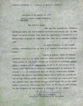 Carta de demostración de admiración a Jaime Guzmán del Arzobispo dimisionario de La Serena