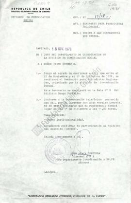 Carta a Jaime Guzmán confirmando charla sobre "Nueva Institucionalidad" en Seminario pa...