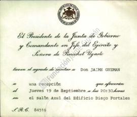 Tarjeta de invitación a recepción a Jaime Guzmán