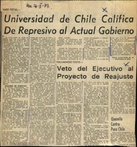 Prensa en El Mercurio. Universidad de Chile contra el Gobierno de la UP; veto del Ejecutivo al pr...
