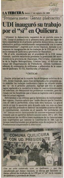 Prensa La Tercera. UDI Inauguró su Trabajo por el SÍ en Quilicura