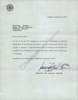 Carta a Jaime Guzmán con formulario de ingreso a la Biblioteca del Congreso Nacional
