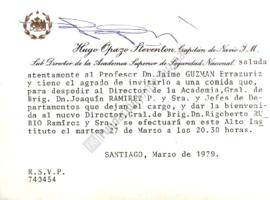 Tarjeta de invitación a Jaime Guzmán a almuerzo de despedida y bienvenida de generales de brigada