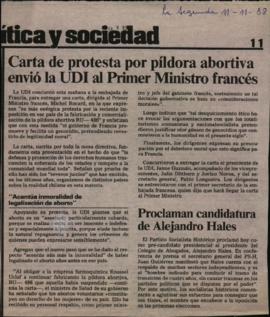 Prensa La Segunda. Carta de protesta por píldora abortiva envió la UDI al Primer Ministro Francés