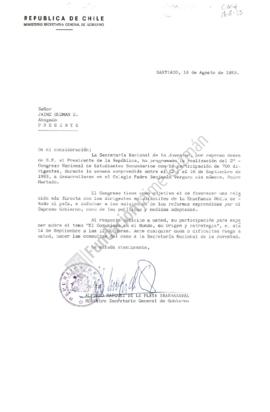 Carta de solicitud a Jaime Guzmán para dictar conferencia respecto al "Comunismo en el Mundo...