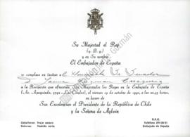 Tarjeta de invitación a Jaime Guzmán a recepción ofrecida por reyes de España en honor a Patricio...