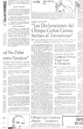 JAIME GUZMAN: "LAS DECLARACIONES DEL OBISPO CARLOS CAMUS INCITAN AL TERRORISMO"