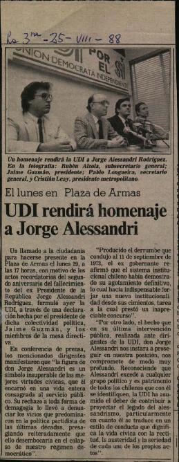 Prensa La Tercera. UDI Rendirá Homenaje a Jorge Alessandri