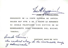 Tarjeta de respuesta a Jaime Guzmán agradeciendo felicitación por nombramiento como presidente de...
