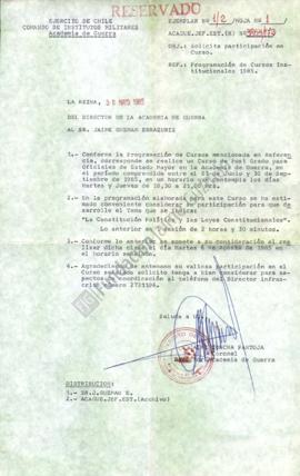 Carta a Jaime Guzmán confirmando clase sobre La Constitución Política y las leyes constitucionale...