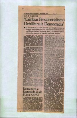 Prensa en El Mercurio. Jaime Guzmán: "Cambiar presidencialismo debilitará la democracia"
