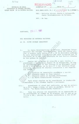 Carta a Jaime Guzmán solicitando dictar charla a delegación de Junta Interamericana de Defensa