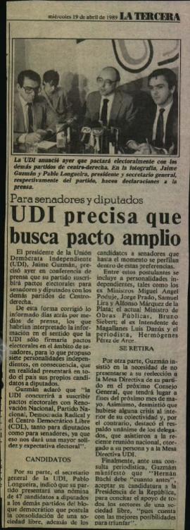 Prensa La Tercera. UDI Precisa que Busca Pacto Electoral Amplio