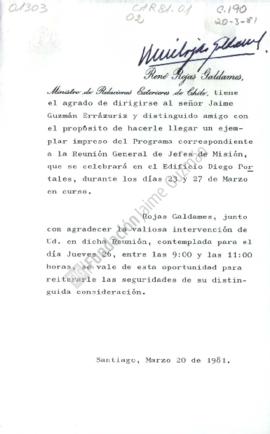 Tarjeta de invitación a Jaime Guzmán a Reunión General de Jefes de Misión
